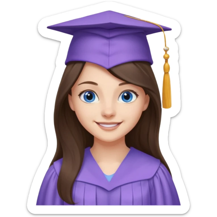 young brunette girl long hair, blue eyes and lilac gown and cap university graduate sticker