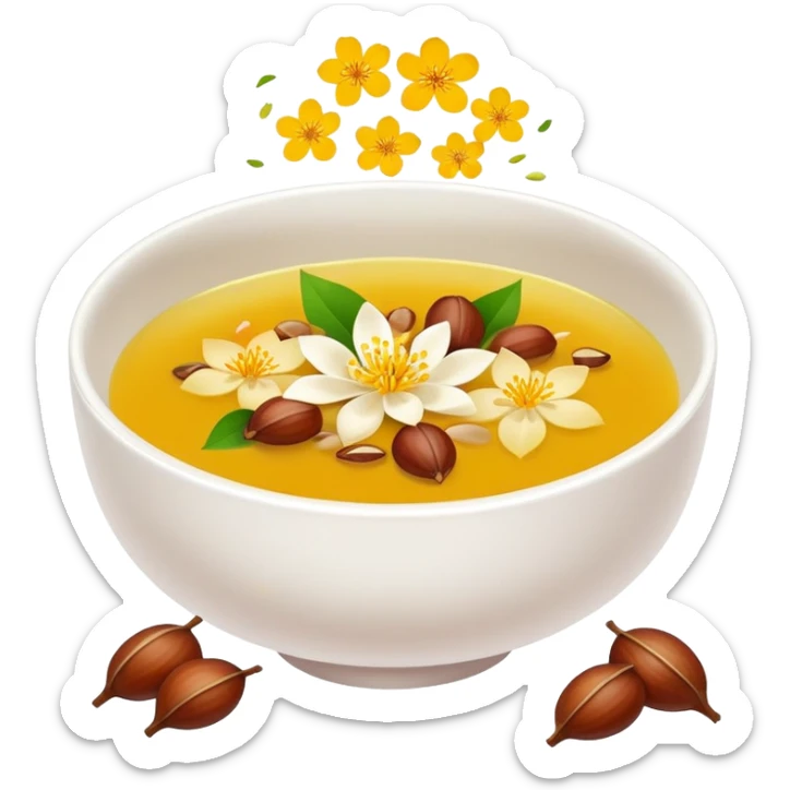 Hangzhou Osmanthus Cassia Soup with chestnuts and flower petals, simplified emoji style with bold outlines and bright colors, cartoon style fragrant dessert bowl sticker