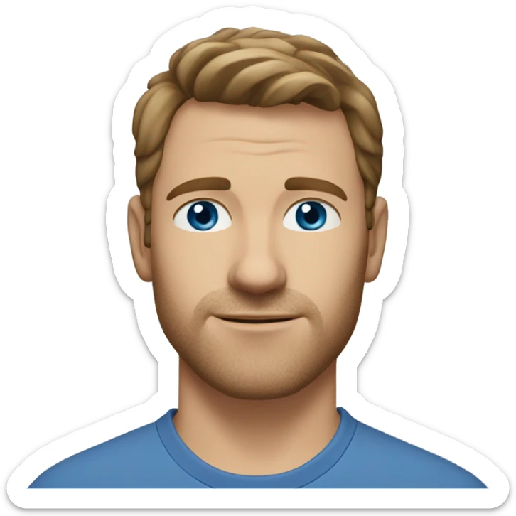 A head and shoulders shot of a 37 year old Caucasian man, with short brown hair, with none facial hair,   with blue eyes wearing a t-shirt. sticker