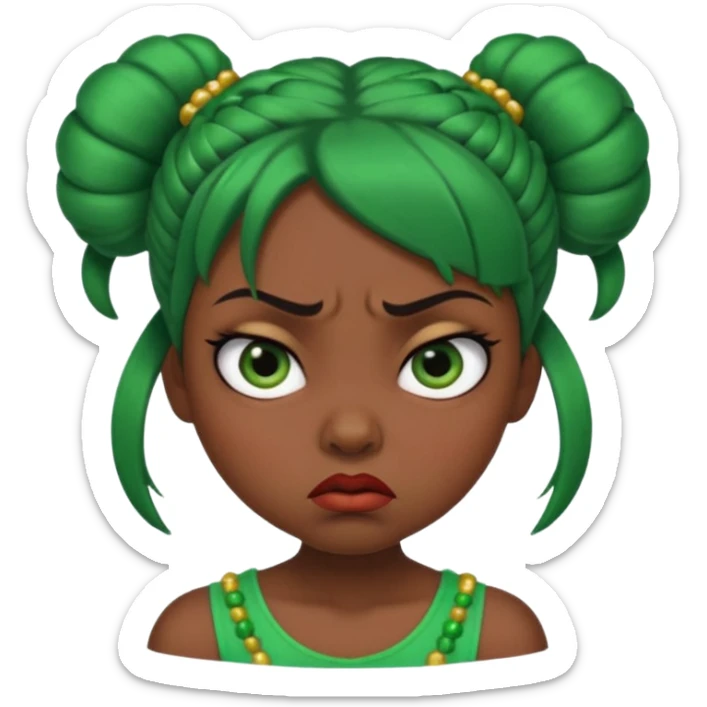 Create a 3D cartoon-style girl character with dark skin, round face, angry expression, big wide eyes, and tightly styled double buns made of green beaded hair. The girl should look irritated, eyebrows sharply angled, and lips pressed in a frown. sticker