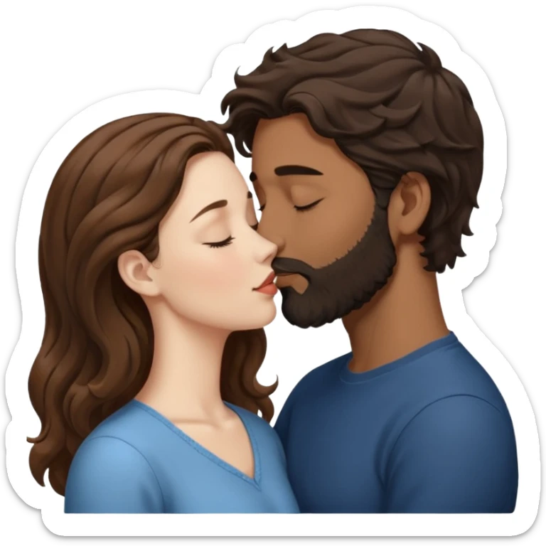 The woman is kissing the forehead of the man, side profile, White woman (brown hair with eyes closed) and brown man with black wavy hair (has a a beard with his eyes closed too). sticker