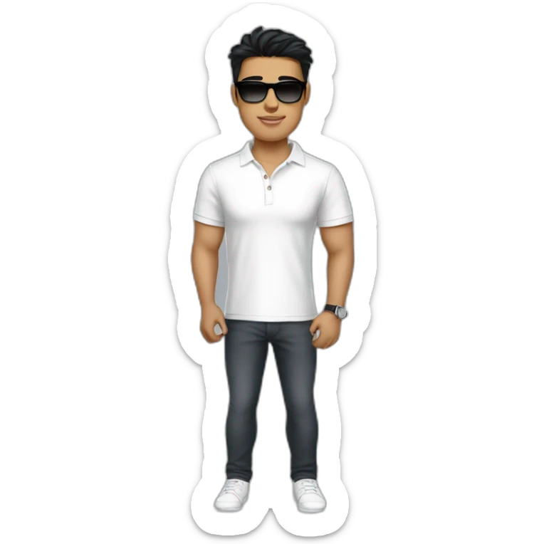 A young man,  who looks like bisnessman, wears white polo t-shirt and luxury watches. Black hair, white skin. Wears raybans. Emoji style sticker