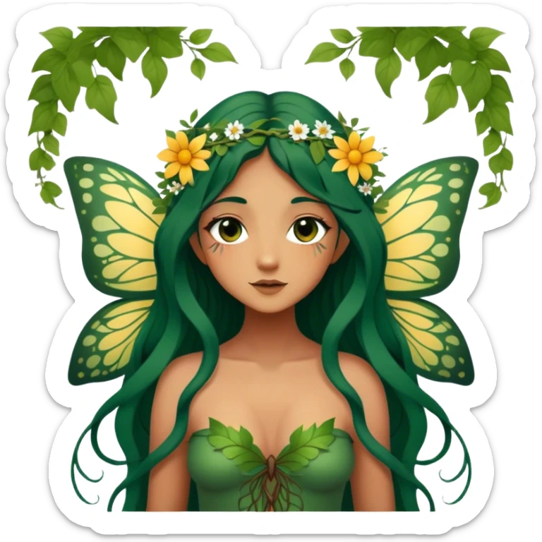 Cinematic Realistic Forest Nymph Fairy Portrait, depicted with lifelike, sun-kissed tanned skin that radiates an earthy glow, softly illuminated by natural, dappled light. Her long, flowing dark green hair is intricately detailed and interwoven with delicate vines and wildflowers, while her deep, soulful eyes mirror the wisdom of the forest. Dressed in an attire inspired by nature’s palette—with subtle botanical motifs—the portrait exudes a soft, enchanted glow that melds realism with woodland magic showing her large butterfly wings. sticker