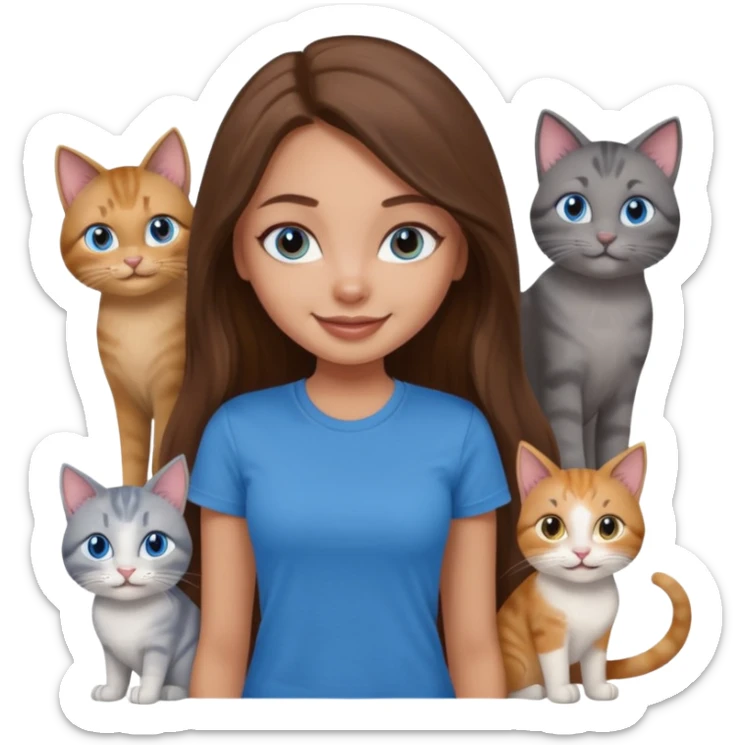 a pretty bratz dusky light skin girl with long brown hair, blue eyes with six cats nd wearing a grey tshirt sticker