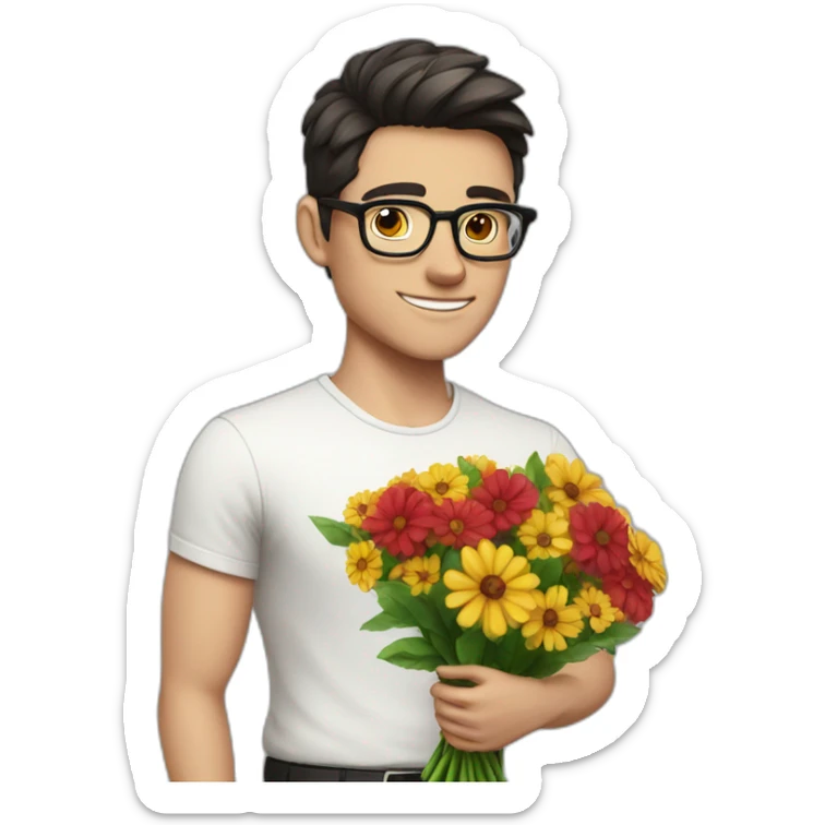 white skin guy with dark hair and glasses gives flowers sticker