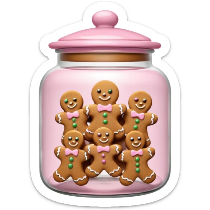 Realistic glass cookie jar with light pink lid full of gingerbread cookies isolated sticker