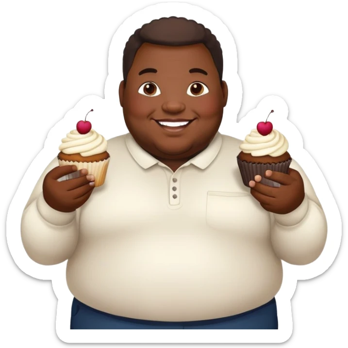 Extremely overweight African American man with a very round face and body, smiling and holding cupcakes sticker