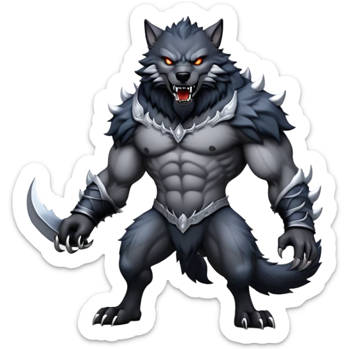 cinematic-noble-fierce-werewolf-full-body-emoji, poised-and-imposing, with a tall, lean, and muscular wolfish frame inspired by the brutal, imposing shape of the beast from Berserk, fur rippling in shades of midnight black and silver, massive paws with razor-sharp claws, elongated limbs and fangs, eyes glowing with an intense, primal ferocity, reflecting the untamed power of the wild moonlit night; rendered with realism sticker