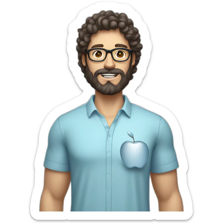 A male nutritionist with a full beard and dark, curly hair and white skin, wearing glasses, holding an apple in his hand. Who has a light blue shirt on. sticker