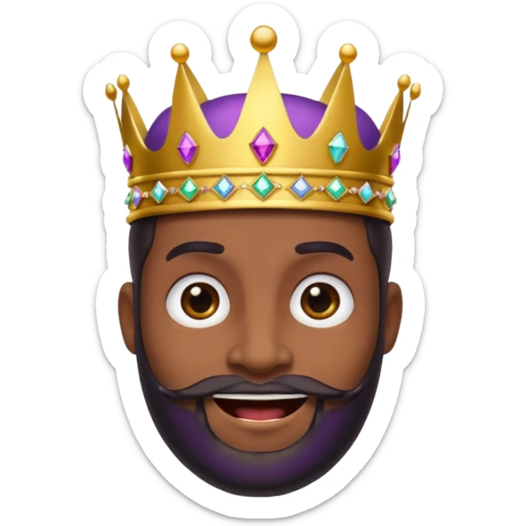 Create a cartoon-style emoji of Baltasar, one of the Three Wise Men. Only show his face and crown. He has a joyful expression, black beard, and a purple and gold crown with jewels. Make it colorful, simple, and suitable as an emoji. sticker