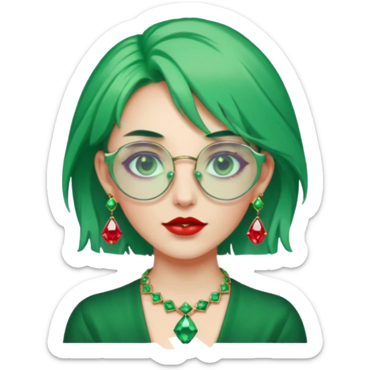 gem lover woman with gem accessories excessive amount gem glassess very big gem earrings green hair and red diamonds sticker