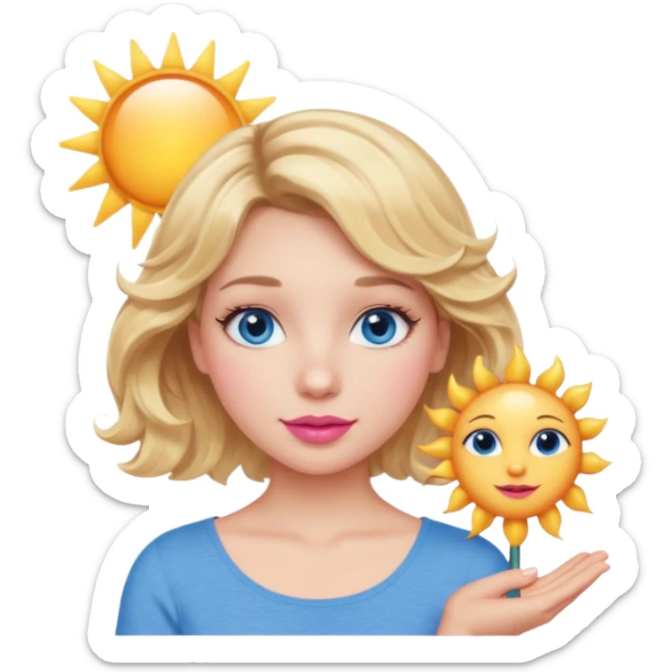 Girl Blonde short wavy hair,  blue eyes, cute blue top, long lashes, pink lips, holding the one sun   sticker