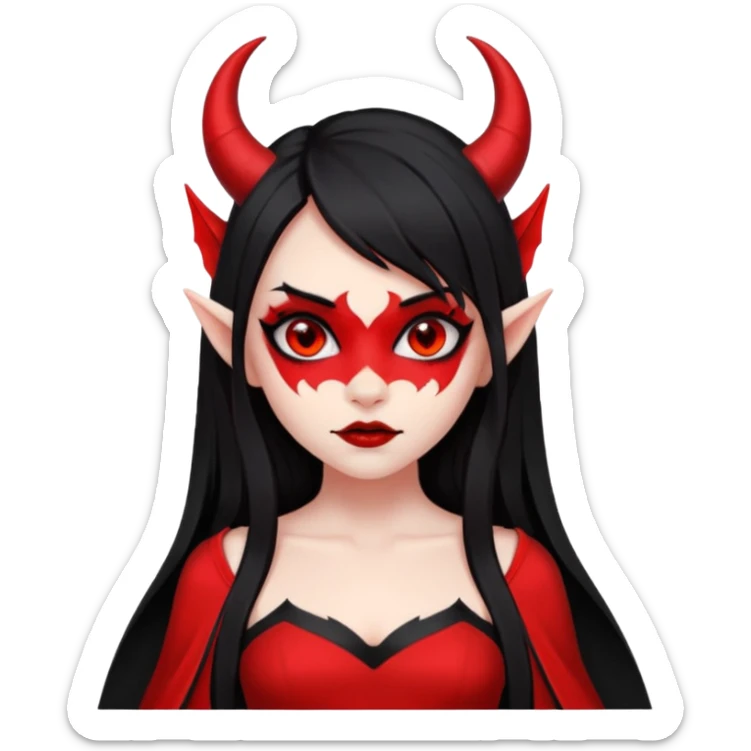 demon girl, skin red , black long hair, small horns, bat wing, black open-back dress, bold black outlines, red+black palette sticker