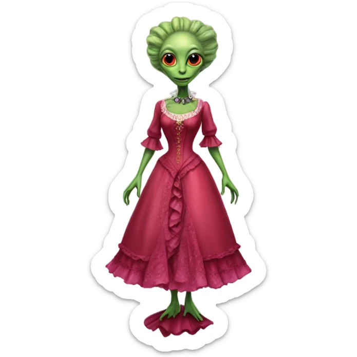 "green alien woman" galora in red pink Victorian dress elegant, full body sticker