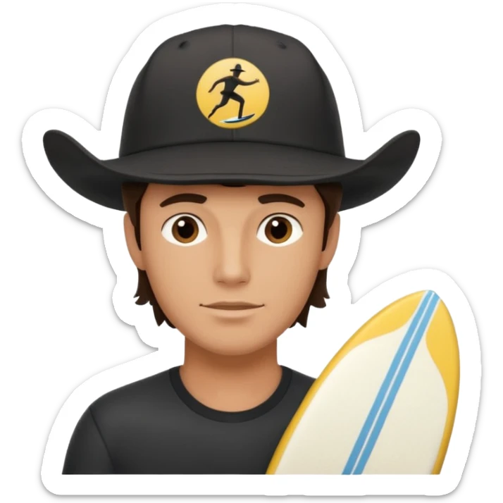 Male brunette movie producer black baseball hat with surfing cowboys written on hat  sticker