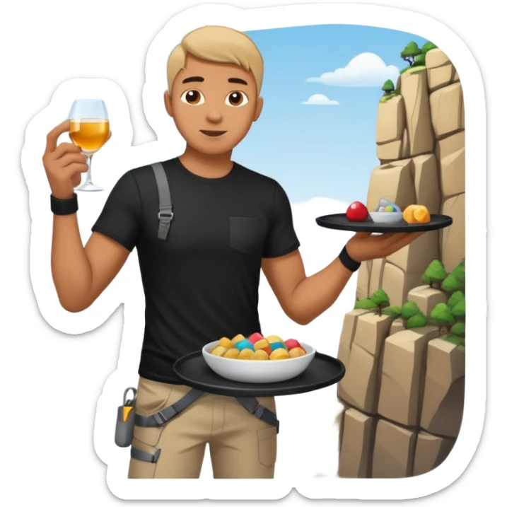 A guy rock climbing on a steep cliff in a black t-shirt with a waiter's tray in his hand sticker