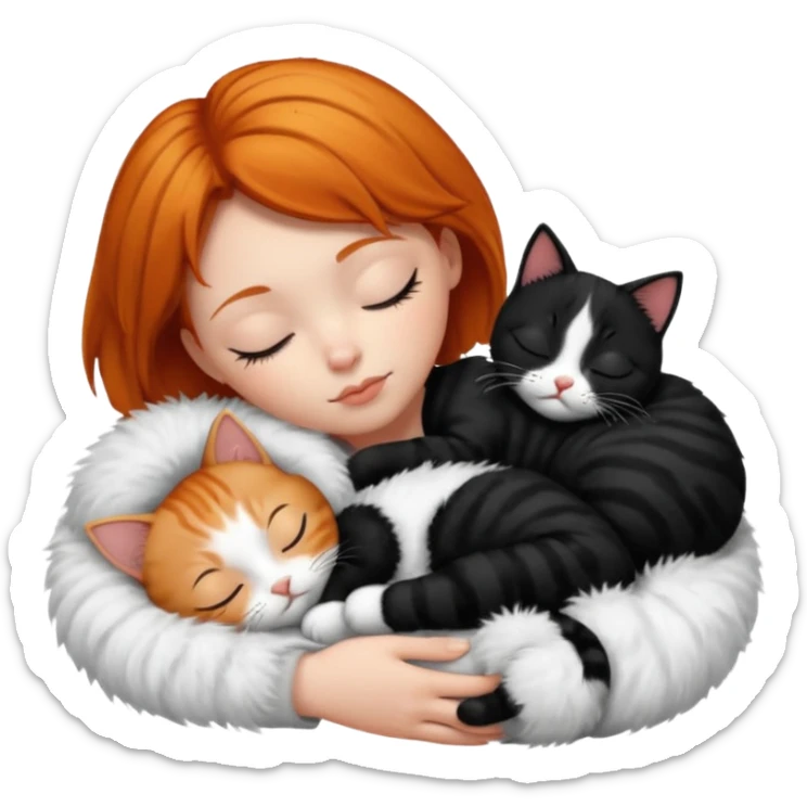 short hair Ginger Girl sleeping with a black and a white bigger cat  sticker