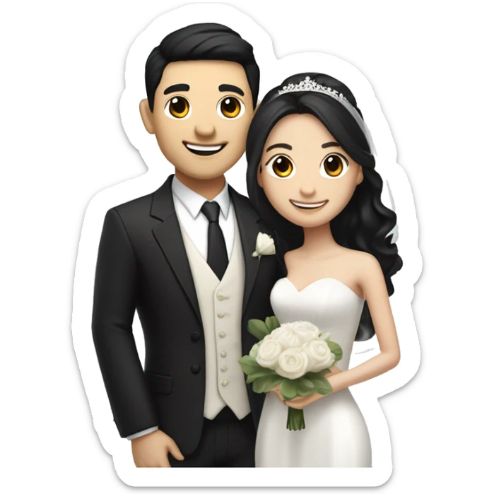 wedding couple with faThe woman has black hair, and the man has a similar white skin tone with black hair styled like an Asian idol. Both are smiling, standing close together in wedding attire.ir skin sticker