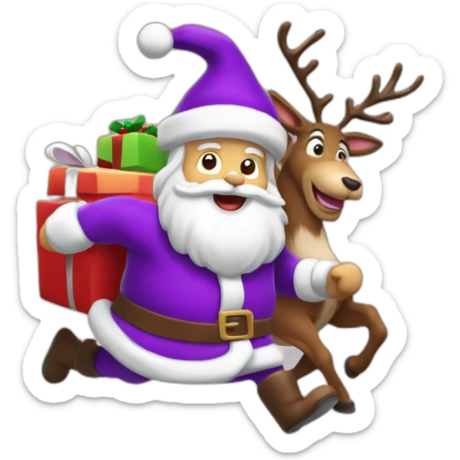 Santa Claus dressed in purple running with the reindeer to deliver the presents sticker