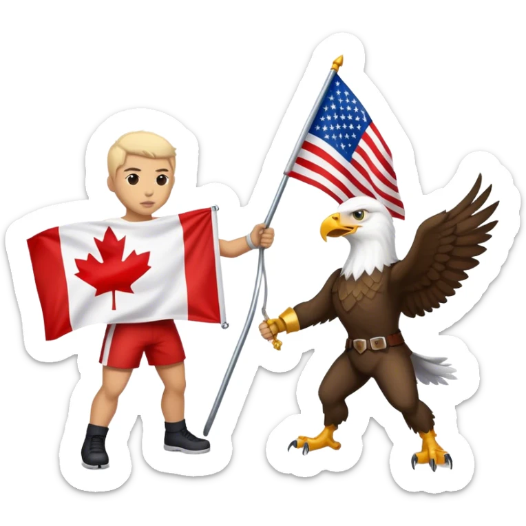 Canadian wearing a flag of Canada fighting an Eagle wearing an American flag sticker