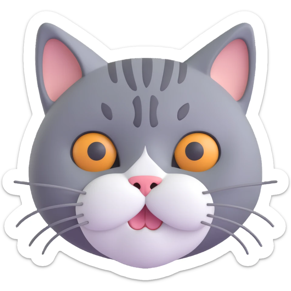 a cute style close-up of a cat face, white nose and underbelly, gray fur sticker