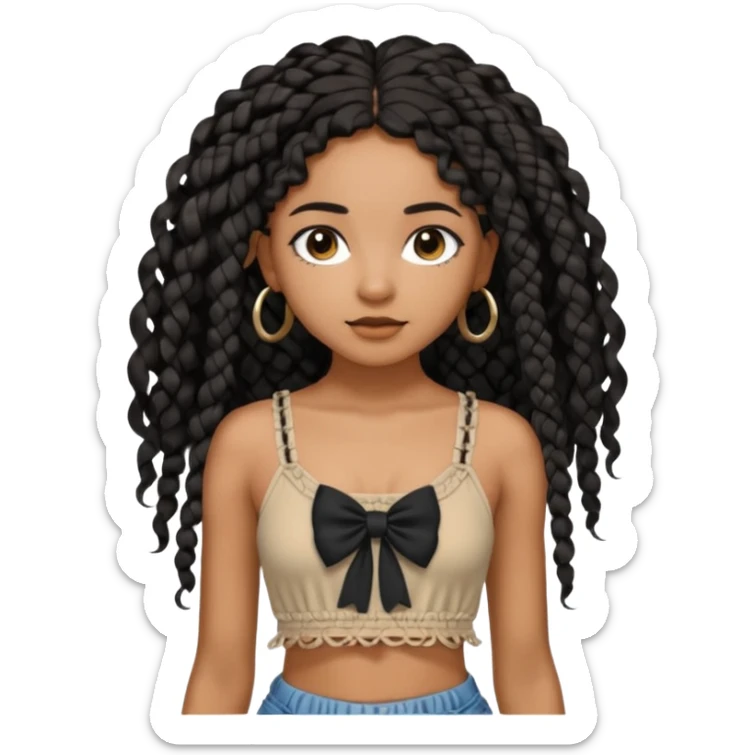 Girl with long black hair curly knotless boho braids mixed girl crop top with a bow on the crop top sticker
