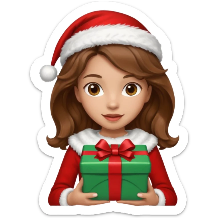 a girl with wavy brown hair wearing a christmas clothes and holding a gift sticker