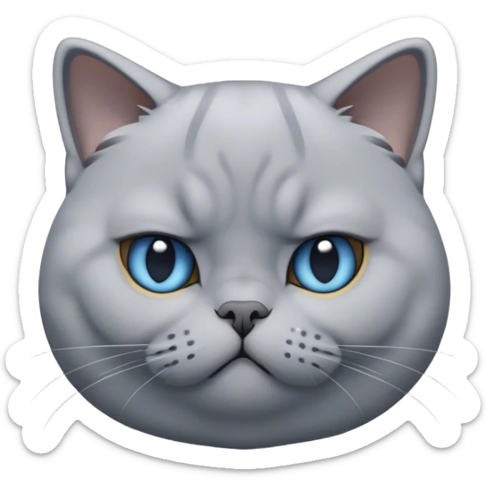 Cinematic Bored Grey British Shorthair Cat Portrait Emoji, Head tilted with a scrunched, utterly disinterested expression, sleek soft grey fur with subtle blue undertones, Simplified yet sharp features, highly detailed, glowing with a dull, indifferent glow, high shine, poised but exuding a sense of boredom, stylized with an air of subtle annoyance, focused yet clearly uninterested, soft glowing outline, capturing the essence of a bored yet adorably snarky kitty, so lifelike it feels like it could roll its eyes and sigh dramatically at any moment! sticker
