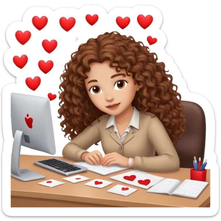 Hearts around Beautiful woman working at a desk. Her hair is brown long and curly. She is in love sticker