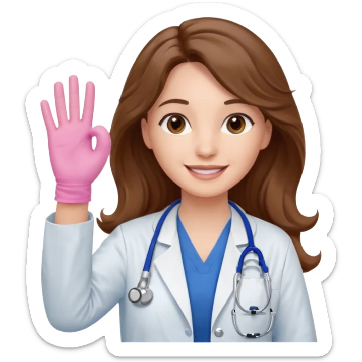Barbie like emoji of a white woman with brown eyes and long wavy brown hair wearing blue scrubs, white lab coat, pink stethoscope, and raising one hand and a warm smile sticker