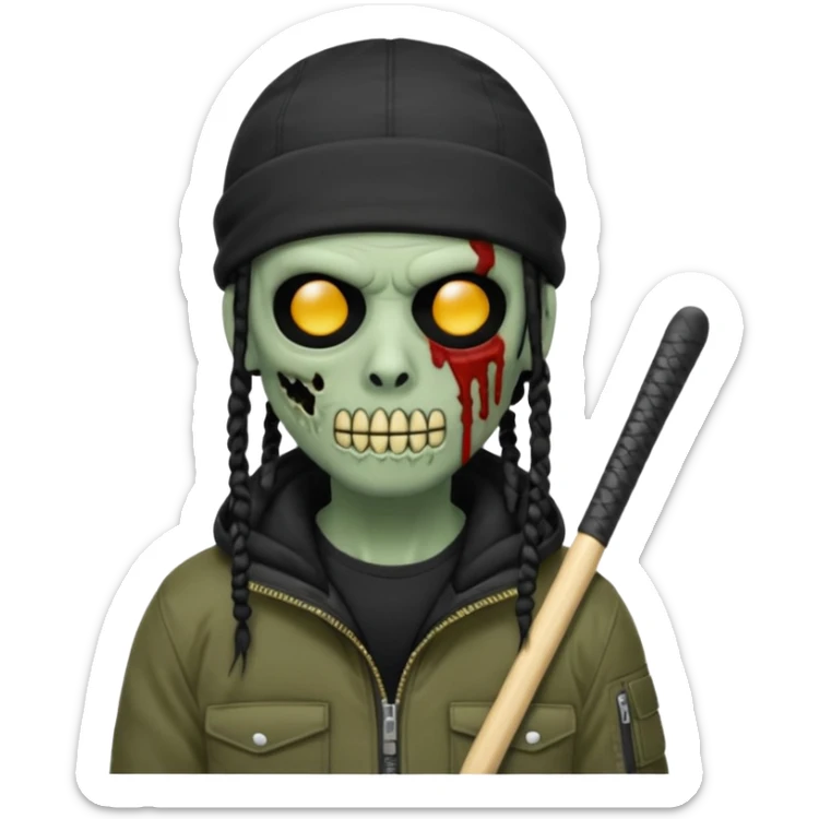 a zombie emoji with black dreads and a black carheartt jacket and black nike ski mask on his head sticker