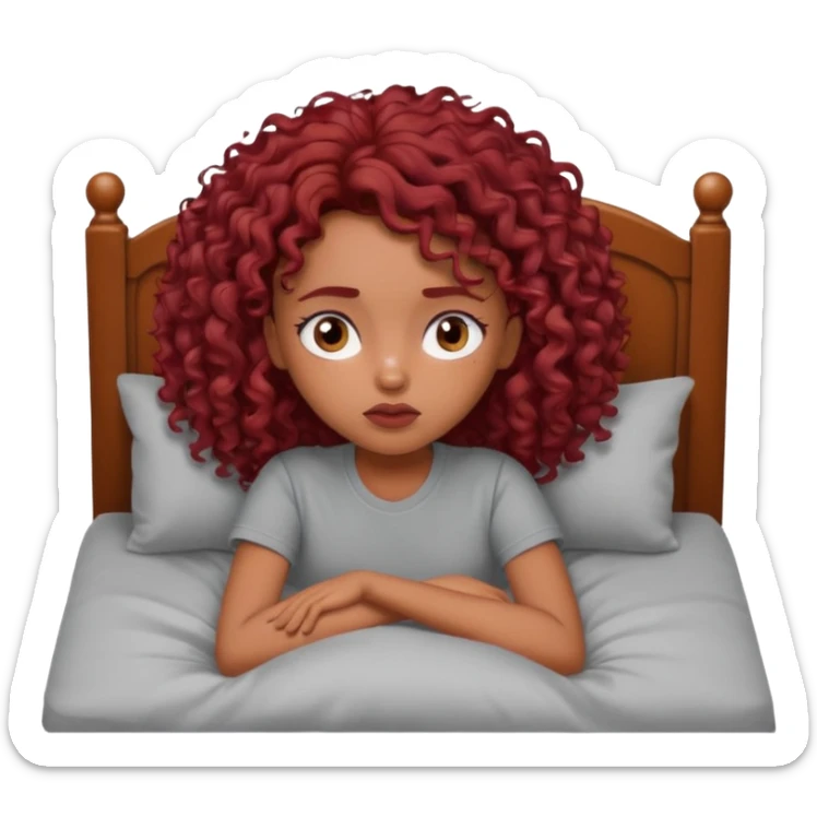 generate a pretty bratz brown skinned girl curly dark red hair, tired in bed in a grey tshirt bored. sticker