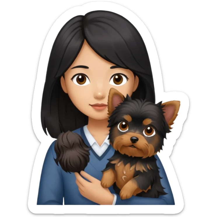 A couple holding holding a small Yorkshire Terrier together. The girl is an Asian girl with long, luscious wavy black hair (loose, no hair tie). She is standing beside a brown-skinned man with a short middle part haircut.  sticker