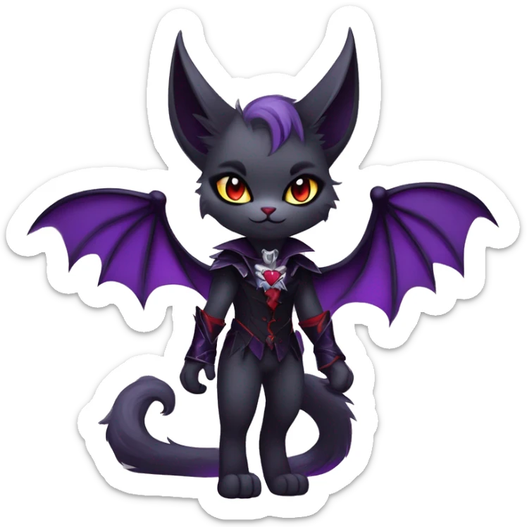 Anthro-Cute-Edgy-Cool-Vampiric-Batty-Cat-Black-Purple-Red-Grey-White-Yellow-Contrast-Colors-Fantasy-Fur-Sona-Chibi-Shiny-Fakémon-Hybrid with horns and fangs and collar full body sticker