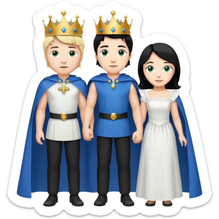 Prince with crown, blue cape and trousers, body and legs, black hair, blue eyes and maid, blonde hair, green eyes, sexy white short sleveless dress,  sticker