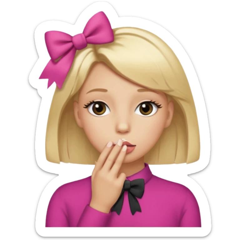 Hayır sırta emoji olsun eli ağzında olsun gözlerinde kirpik olsun kafasının yanında da kurdele olsun sticker