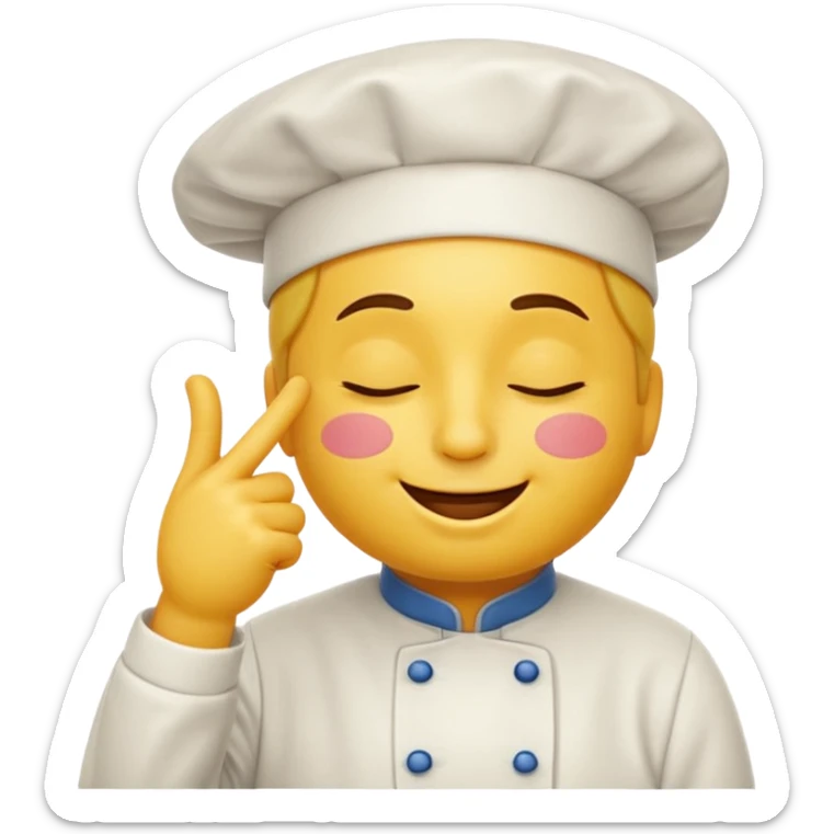 A classic yellow emoji face with closed eyes and a satisfied smile, kissing its fingertips (thumb and index finger) in the gesture of an Italian chef saying “Perfect!” or “Delizioso!”. The expression should look proud and pleased, as if the emoji just created something amazing. sticker