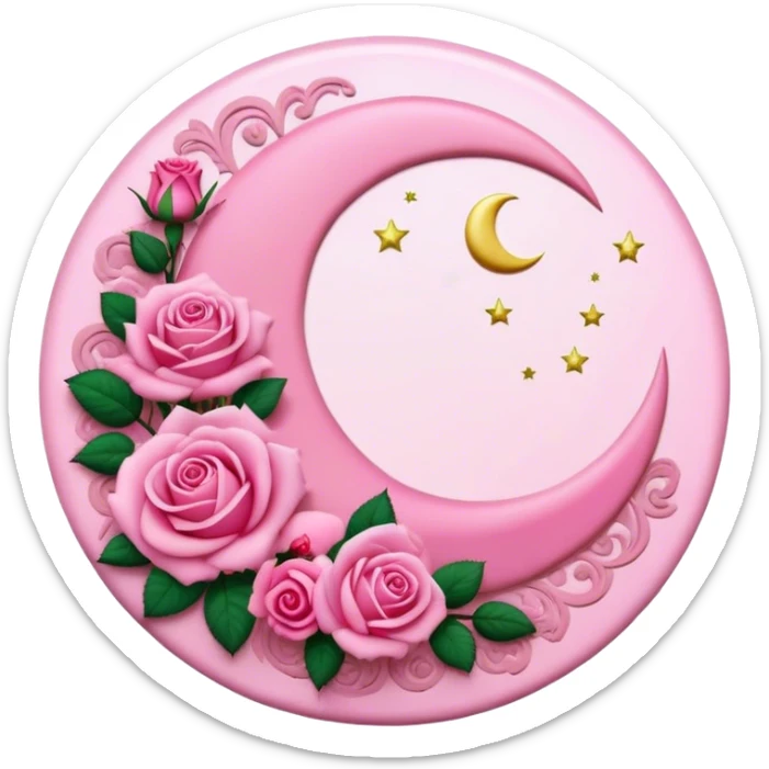 A round pink button with a crescent damask moon and pink roses in the center sticker