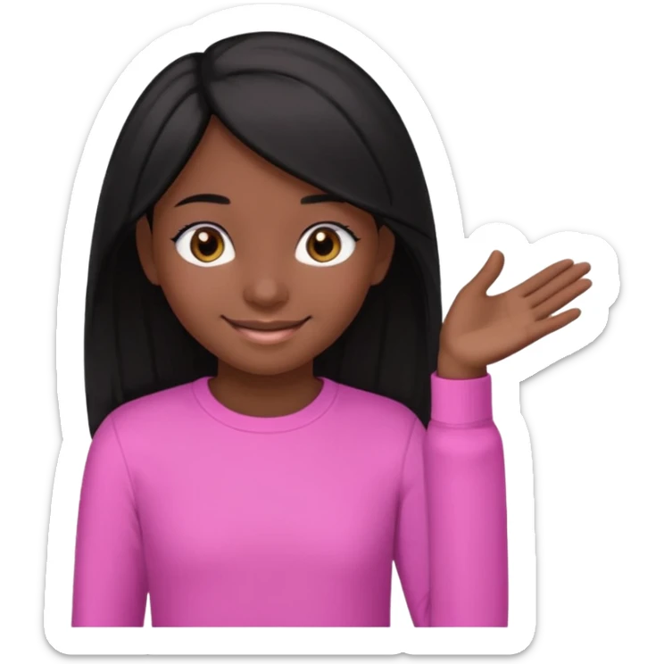 A portrait of a 14-year-old girl, he's got black hair, darkish skin and brown eyes. she's wearing a pink longsleeve. She's smiling a bit sticker