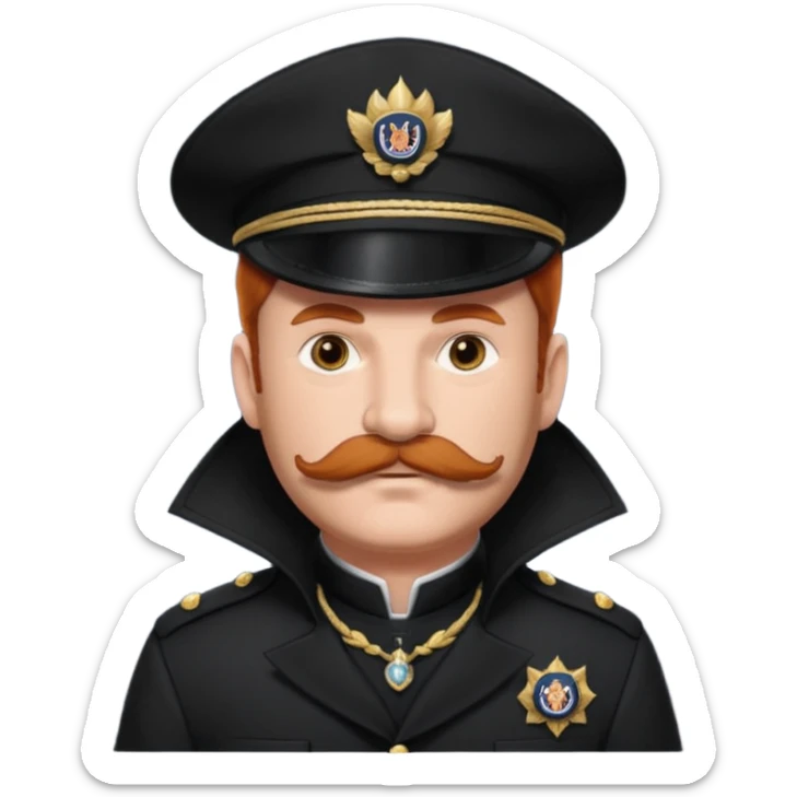 An auburn-hair'ed admiral with a flawless bear and mustache wearing a black admiral outfit and hat with Wolf Ears coming out of the hat, and 9 wolf tails behind him, with the admiral black shirt featuring on the left breast pocket the insignia of Helldivers 2. sticker