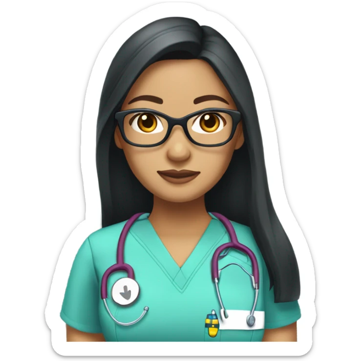 filipina nurse with long straight black hair and tan skin and clear glasses in scrubs sticker