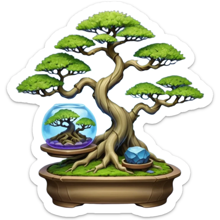 Cracked Futuristic wild glowing space alien moss maples shohin Bonsai hair-pine-leaf group multi faceted intricate hobbit-inspired boxwood purple blue informal rocky cliffhanger eight trees forest planting in shallow willow slab style pot with big animal-like feet  sticker