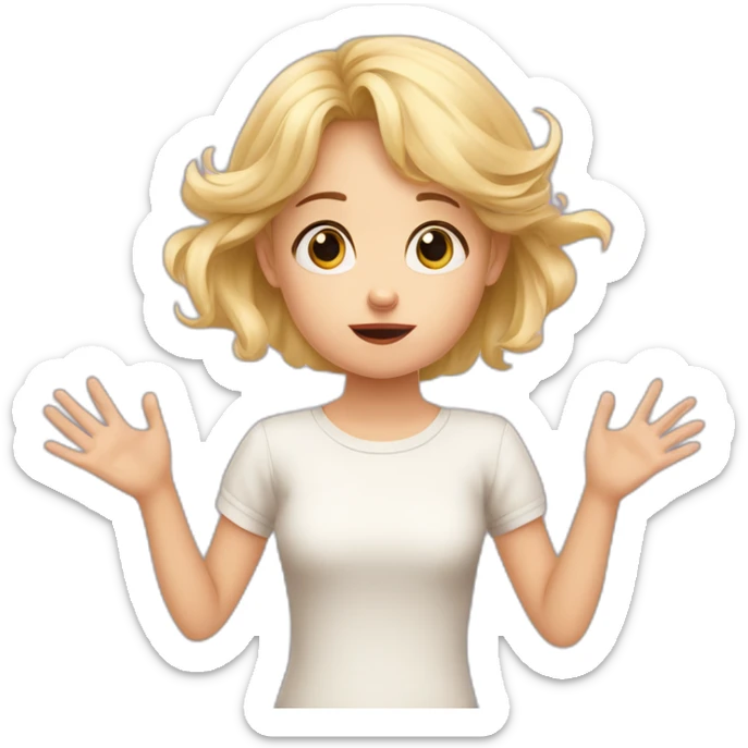 It was not me, I am innocent. Portrait of confused nervous little blond girl raising palms up in surrender and staring sticker