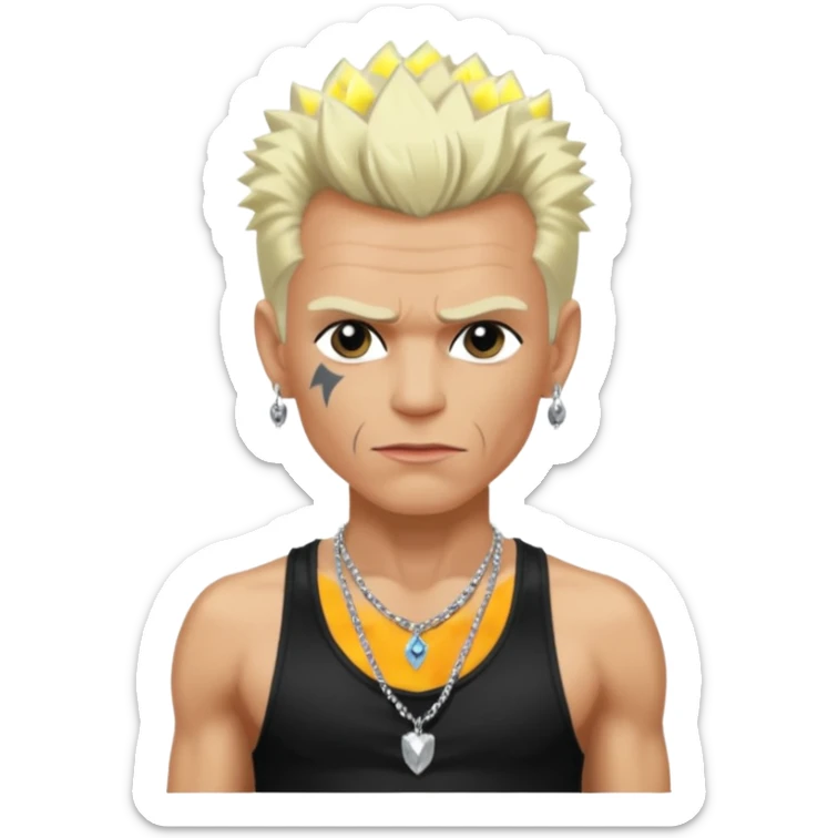 Billy Idol with platinum blonde hair, black sequin baggy pants, shirtless with necklace sticker