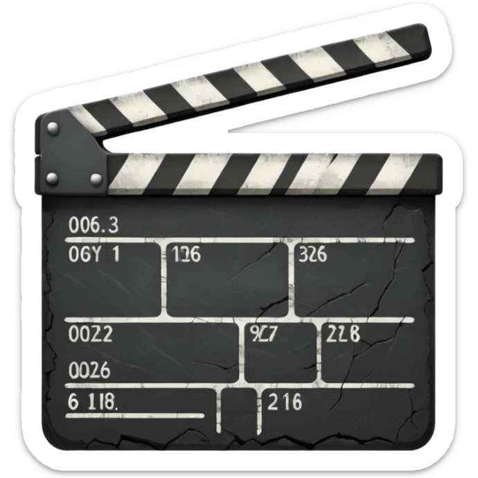 Minimalist emoji-style sticker of a cracked movie clapperboard with the date “06/06/66”, faint scorched marks, all in grayscale


 sticker