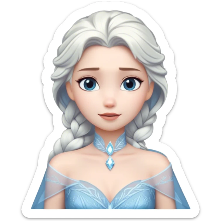 Cinematic Timeless Snow Queen Portrait Emoji, rendered in a clean, vector style. Depict Elsa with icy pale skin, intricately styled platinum hair, and a serene, regal expression, dressed in a minimalist ice-blue gown. The design features bold, simplified shapes, a soft, drowsy crystalline glow, and a subtle glowing outline, capturing the essence of timeless, majestic winter beauty. sticker
