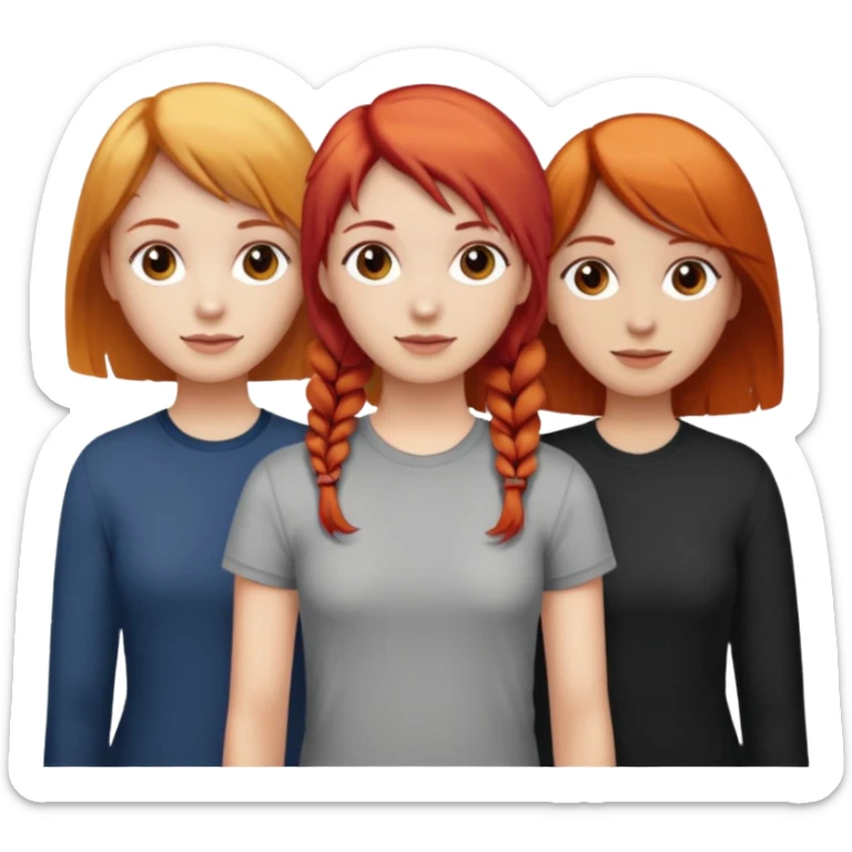 Can you create an image of 3 friends together one with red bright hair light skin one the other with brown hair with some blonde highlights in the hair fair skin the last one with light brown a tint of orange hair and Brown hair sticker