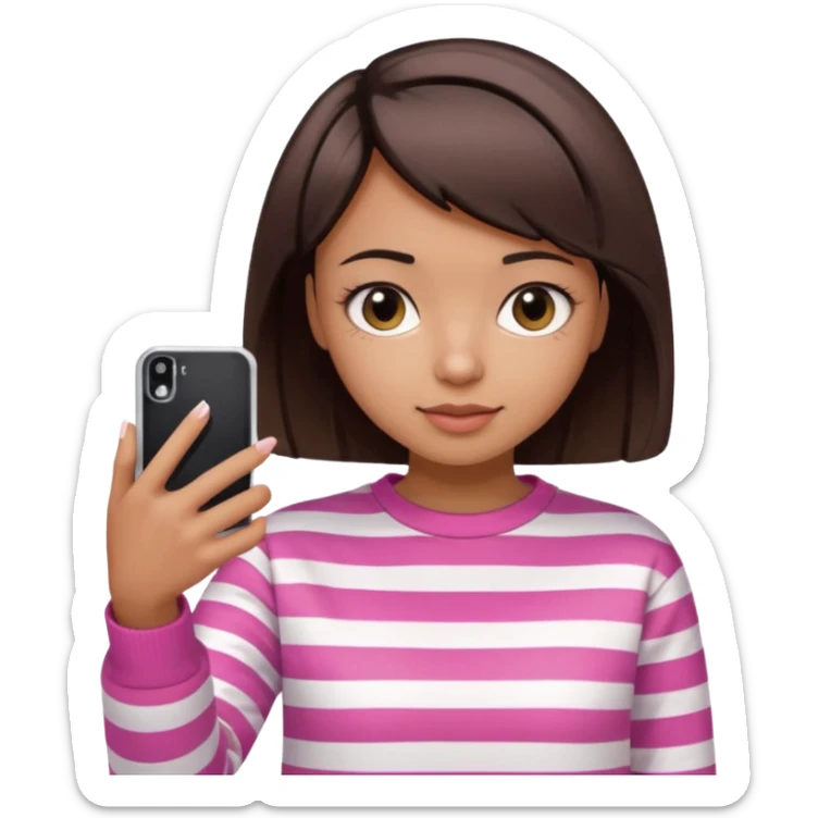 Emoji of a cute 3D girl with short dark brown bob hairstyle, wearing a pink and white striped sweatshirt. She is holding a phone and taking a selfie, white background.

 sticker