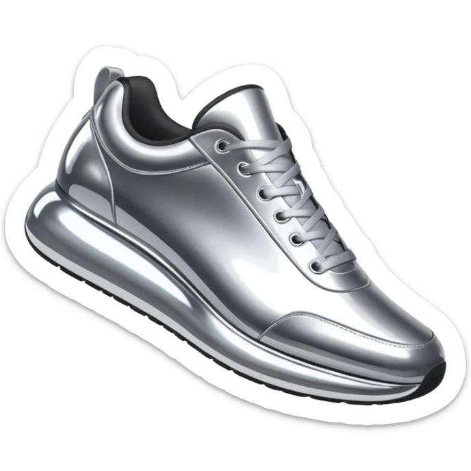 A pair of futuristic sneakers emoji made of silver chrome, sleek streetwear design, smooth metallic panels, subtle reflections, luxury swag aesthetic, iOS emoji style, centered, clean white background sticker