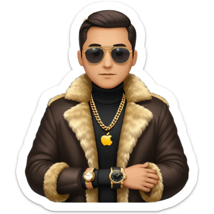 bearded man with slicked back hair, wearing dark sunglasses, a luxurious fur coat over a black turtleneck, gold chains and a watch, minimalist flat design, glossy Apple emoji style, simple facial features, centered full-body icon on white background sticker